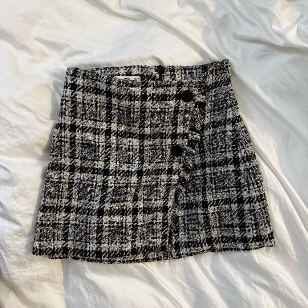Mango Stylish Black and White Plaid Tweed Skirt